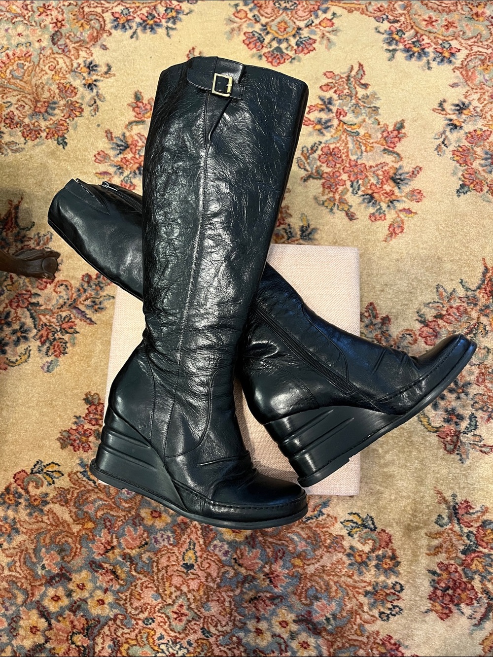 Miz Mooz Black Leather Knee-High Wedge Boots